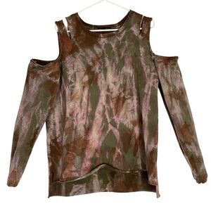 Sanctuary Cold Shoulder Sweatshirt Tunic Womens Size Medium Tie Dye Green Brown
